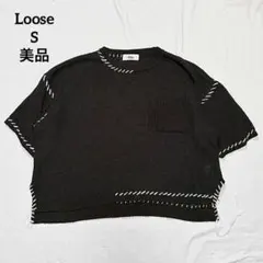 美品 ビックシルエット半袖ステッチニット ブラック ショート S ゆるだぼ 春夏のサムネイル