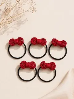 【5点セット】ハンドメイド リボンヘアゴム 赤 キッズ ベビー まとめ売り
