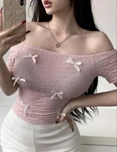 オフショルダー ベビーピンク トップス リボン　バレエコア　白　可愛い　韓国