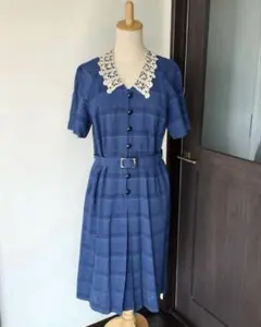 昭和レトロ古着レース襟付き青い半袖ワンピース　　ヴィンテージ