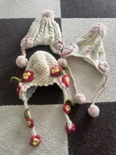 ニット帽 3点セット 花モチーフ