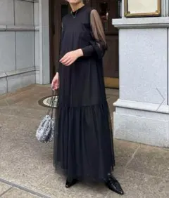 チュールハイネックワンピース　ブラック