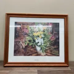 フランス　アンティーク　青い花　版画　木製額　額装品　フレーム　蝶々　蚤の市 フランス アンティーク 青い花 版画 木製額 額装品 フレーム 蝶々