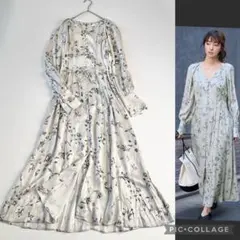 ▼美品✨フレイアイディー【0】花柄総柄 Aライン サテンタックワンピース くるみ