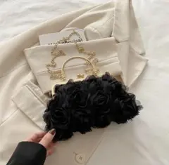 がま口パーティーバッグ 黒 ショルダー ゴールド 花 バラ 結婚式 1492