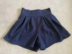美品◆チェック模様ウエストゴムキュロット◆ショートパンツ◆ネイビー紺色