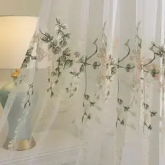 花柄刺繍レースカーテン 葉っぱ　幅150丈220 2枚　ホワイト　植物柄