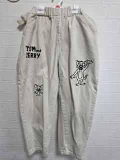 トムとジェリー　サスペンダー付きパンツ　ホワイトデニム　130cm