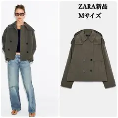 ZARA ショート丈フード付きトレンチコート Mサイズ新品タグ付き ダークカーキ