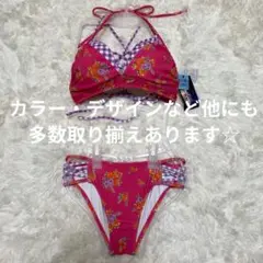 花柄 ビキニ チェック ピンク×パープル ホルターネック M ひもパン カップ入のサムネイル