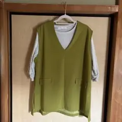 オリーブグリーン Vネック ベスト、Tシャツ2点セット