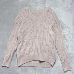 SHINE Vネック ケーブル編み セーター　ベージュ　薄手　春　Sサイズ