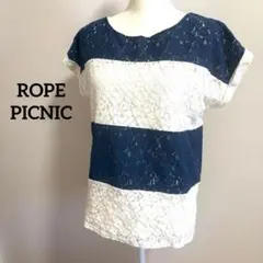 ROPE PICNIC レディース ストライプ 半袖 レース トップス ネイビー