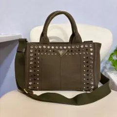 PRADA カナパS 2way ショルダーバッグ カーキ ビジューのサムネイル