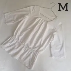 レディース　ブラウス　白　刺繍　トップス　ウエスト絞り　【M】