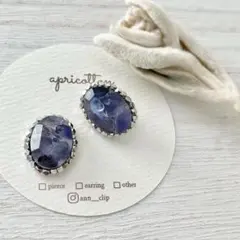 No.146 シックなブルーアイオライトとシルバービーズ刺繍カボションピアス