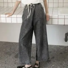 新品未使用タグ付き◎ラップデザイン ワイドデニムパンツ　フリーサイズ　ブラック