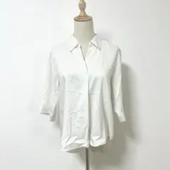 유니클로 ✨ 레이온 스키퍼 블라우스 M 스트라이프 7분 소매 오프 화이트계