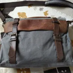 キャンバスレザーショルダーバッグ グレー