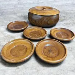 四　菓子器　木製　蓋あり　小皿　5枚　おしゃれ　昭和　レトロ　菓子入れ