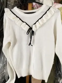 AnkRouge フリルリボン長袖ニット K2 ホワイト