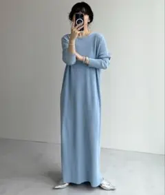 wee9s デイリーデイリースーパーストレッチクルーネックプリーツワンピース水色