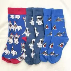 ソックス 3足セット クルー丈 パグ・サメ・フレンチブルドッグ 23-25cm
