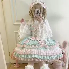 【シュガーガール】ロココプリンセスロリィタドレス 4点セット グリーン&ピンク