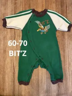 60〜70 Bit’s 男の子 緑 刺繍風プリント ロンパース・カバーオール