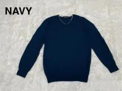 ネイビー メンズVネック ニットセーター 長袖 XL薄手ウール 紺色