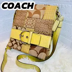 ✨美品✨コーチ ショルダーバッグ　茶　黄色 シグネチャー　パッチワーク　ベルト