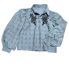 イング (M) 長袖ブラウス 花柄刺繍 パフスリーブ チェック柄 フェミニン