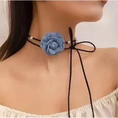 【新品】チョーカー　アクセサリー　バラ 　パール　デニム素材