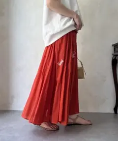 新品　ポームリシュ　doudou インド綿刺繍フレアスカート　オレンジのサムネイル
