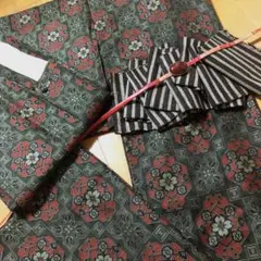 ウールアンサンブル　単衣小紋と道行のセット　ダークな黒×赤×緑ゴシック調のモダン