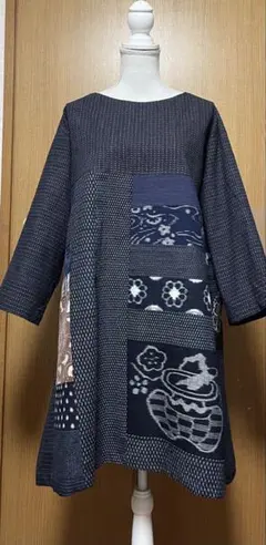 着物リメイク　絣など木綿のパッチワーク　Aラインチュニックワンピース