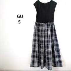 GU ジーユー◉ロングワンピース ブラック 切替 チェック柄 フレンチスリーブ