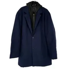 メンズ ネイビーブルー コート 取り外し可能なブラックフード付きビブジャケット