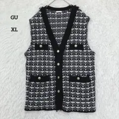 GU ジーユー チェックニットベスト ブラック ホワイト ゴールドボタン XL