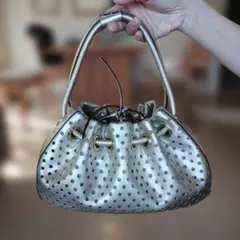 ケイトスペード ハンドバッグ パンチング 巾着 レザー シルバー 
