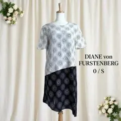 美品シルク100% DVF 膝丈ワンピース 黒白 0 S 春夏 幾何学 アシメ