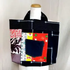 着物リメイク　デニムポケット付きウール地のパッチワークトートバック