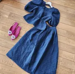 ZARA　エンボス生地♡パフスリーブブラウス×スカートネイビーm
