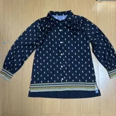 【一点物】レトロ古着 総柄ブラウス 鍵柄 ネイビー