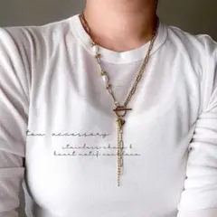 ステンレスチェーンネックレス　ゴールド　ハートモチーフ　淡水パールファルファーレ