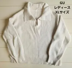 GU レディース XLサイズ ホワイトリブ編みポロセーター