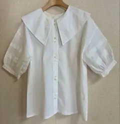 【Ray BEAMS】ビッグカラー 半袖ブラウス ホワイト フリル襟パフスリーブ