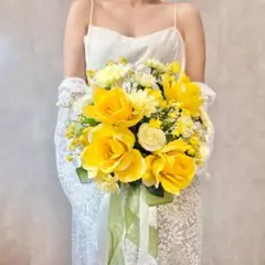 【ブートニア無料】造花 韓国風 ウェディングブーケ 春ブーケ イエロー 薔薇