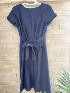 SOUP ネイビー リボン付き 半袖 ひざ丈ワンピース