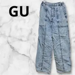 GU デニムパンツストレート　ウエストゴム（ウエスト紐付き）　ライトブルー